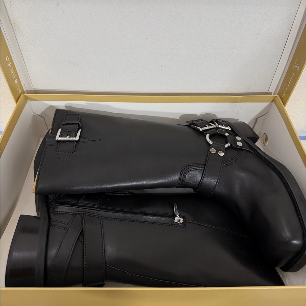 Michael Kors Crosby Black Leather Moto Boots Harness Buckle, Square Toe NIB - Picture 11 of 16